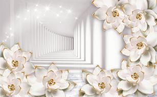 Фреска Белый 3D коридор и цветы