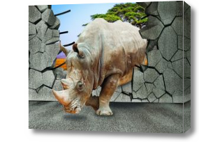 Картина 3D носорог разрушает стену
